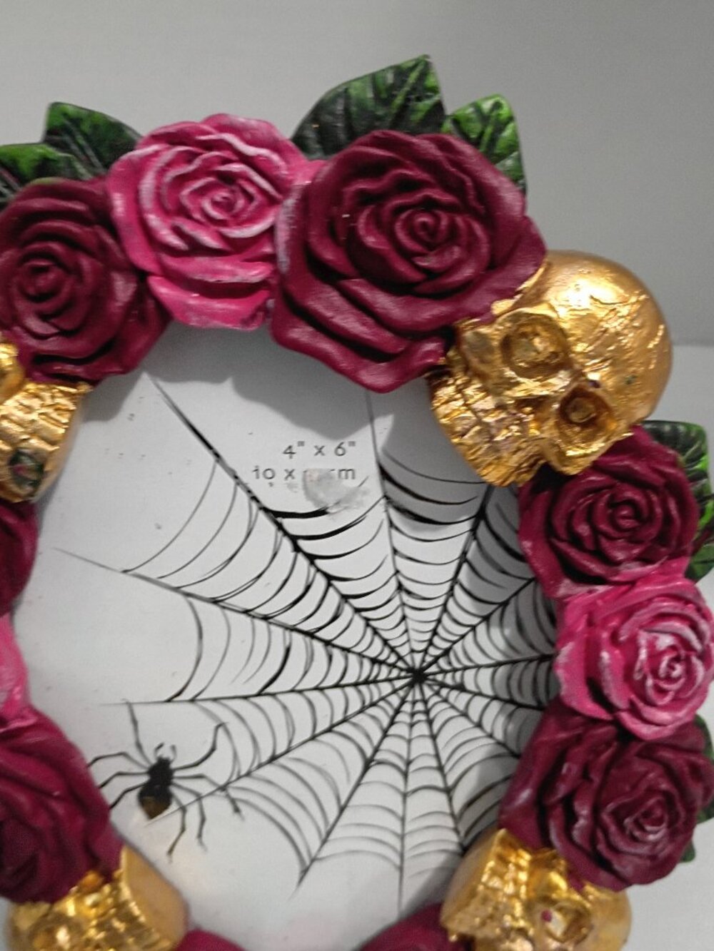 Gothic Skull Rose Spiderweb 4x6 Photo Picture Frame Halloween Decor